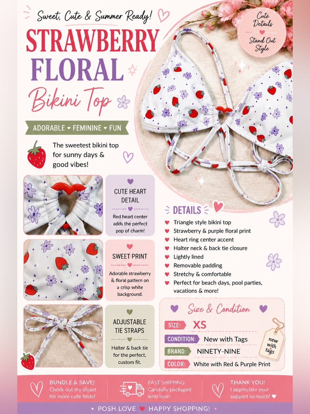 Ninety-Nine Cutest White Strawberry Print Bikini Top